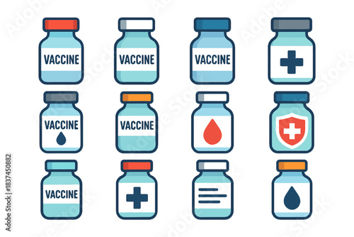 Collection of vaccine vials with various labels and icons.