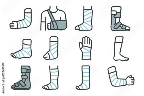Medical bandages and casts for arm, leg, and foot injuries.