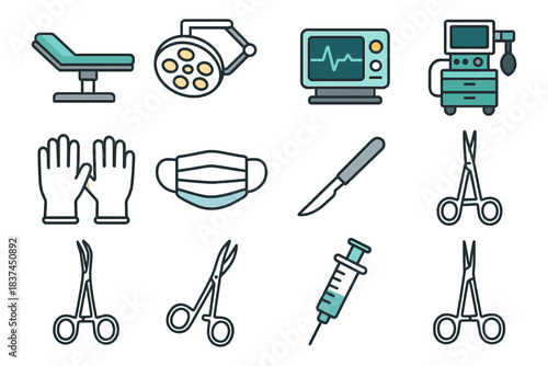 Medical equipment icons set with surgical tools and monitoring devices.