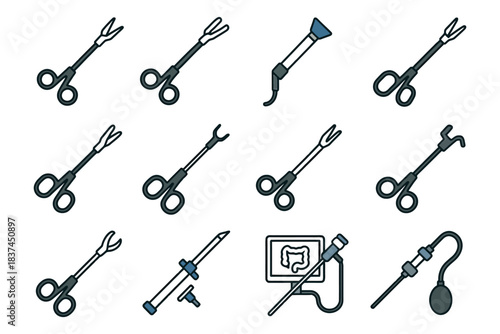 Medical laparoscopic instruments set for surgical procedures.