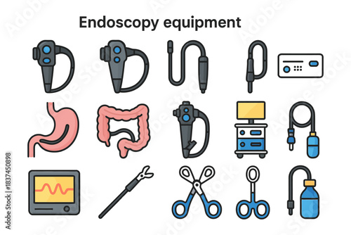 Medical endoscopy equipment icons including tools for stomach and colon examinations.