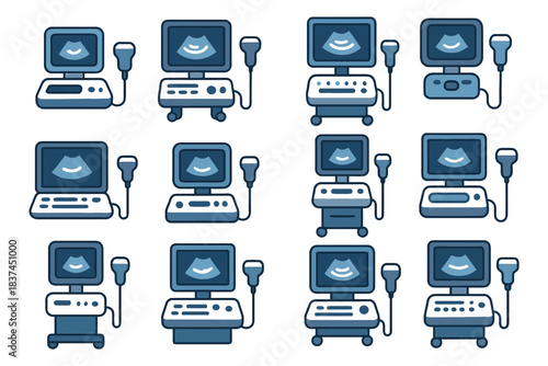 Set of ultrasound machine icons for medical applications.