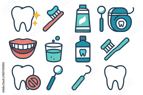 Dental care essentials icons: toothbrush, toothpaste, floss, mouthwash.