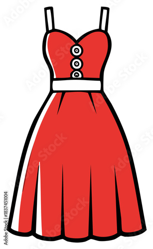 Retro style red sleeveless dress with white belt and buttons on bodice