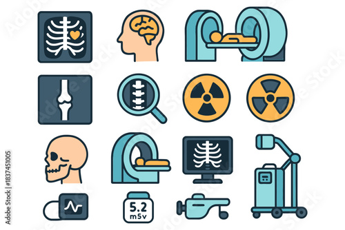 Medical imaging icons set including mri x-ray brain skeleton and radiation symbols.
