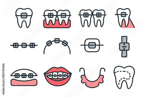 Orthodontic braces and dental care icons – tooth, alignment, retainer, gum, mouth.