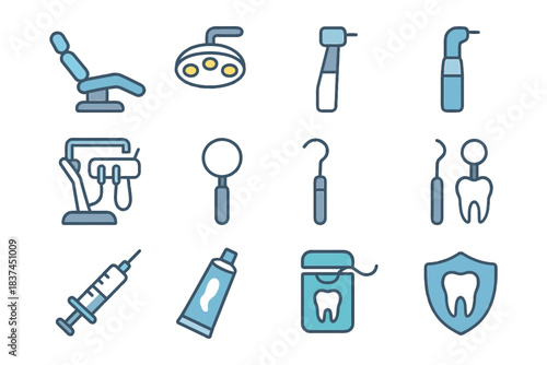 Dental equipment icons set: chair, tools, toothpaste, floss, and shield.