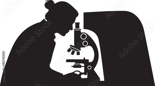 Female scientist silhouette intently observing samples through a microscope, symbolizing research, discovery, and medical innovation.