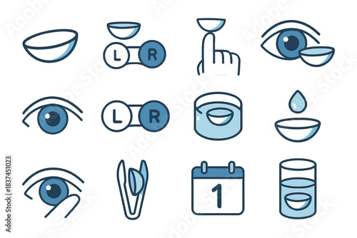 Contact lens icons: eye care symbols for vision and hygiene.