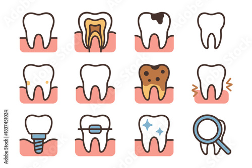Tooth health icons: decay, cavity, plaque, and care for dental treatment.