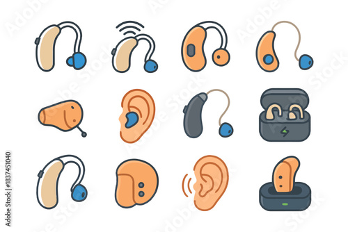 Collection of hearing aids and cochlear implants in various styles and designs.