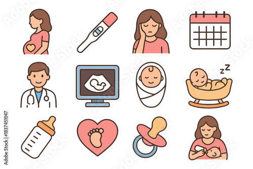 Pregnancy and newborn care icons: tests, doctor, baby, calendar, feeding, monitoring.