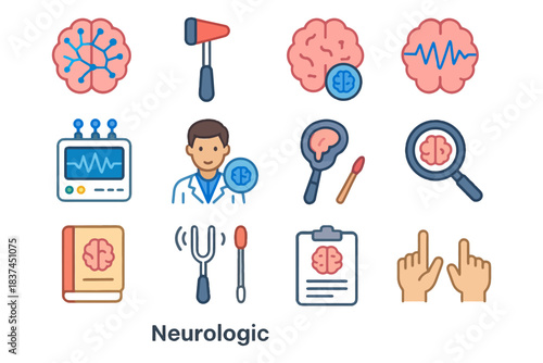 Neurology icons: brain, doctor, equipment, diagnosis, analysis.