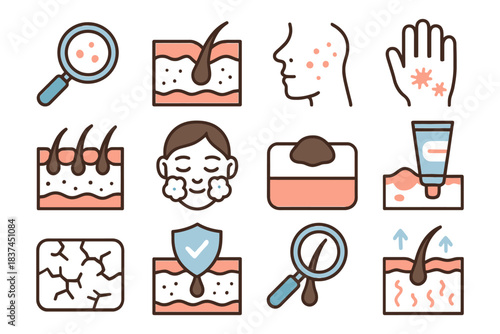 Dermatology icons set depicting skin conditions and care solutions.