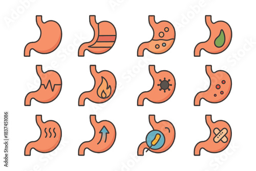 Illustration of various stomach ailments and symptoms in icon set.