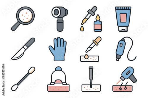 Dermatological tools and skincare equipment icons in flat design.