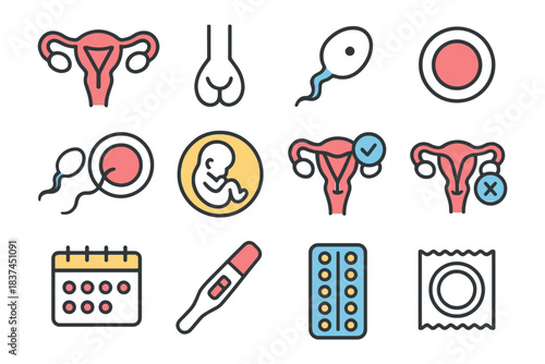 Reproductive health icons: uterus, sperm, ovum, pregnancy, contraception symbols.