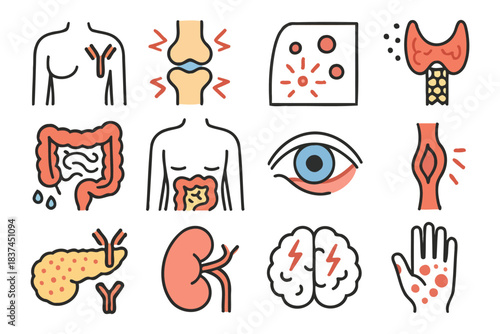 Illustrated icons of human anatomy and medical conditions.