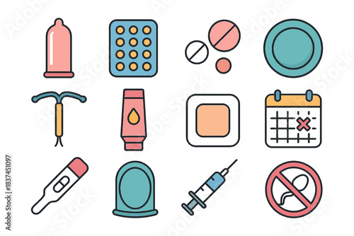 Colorful contraceptive methods collection: pills, condom, iud, syringe, calendar.