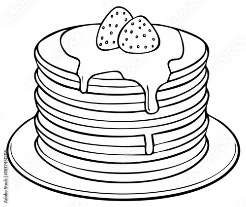 Stack of Pancakes Drizzled with Syrup and Topped with Strawberries in Black and White Line Art Illustration Style