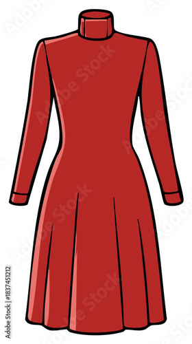 Red dress illustration vector, long sleeve turtleneck dress, fashion illustration, clothing