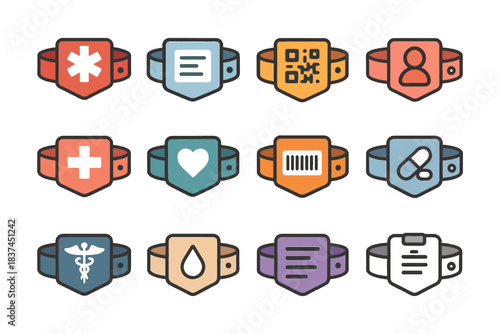 Colorful medical alert wristbands with icons indicating various health information.