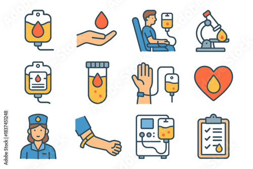 Blood donation icons illustrated collection for medical use.