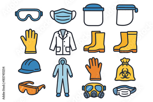 Protective equipment icons: masks, gloves, goggles, boots, hazmat suit, face shield, safety gear.