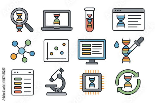 Colorful biotechnology and genetics icon set featuring dna and lab equipment.