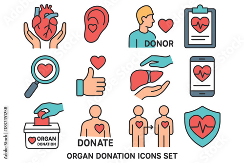 Colorful organ donation icon set featuring diverse medical symbols.