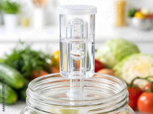 Macro of Fermentation Airlock on Jar Releasing Gas Bubble for Anaerobic Pickling Process
