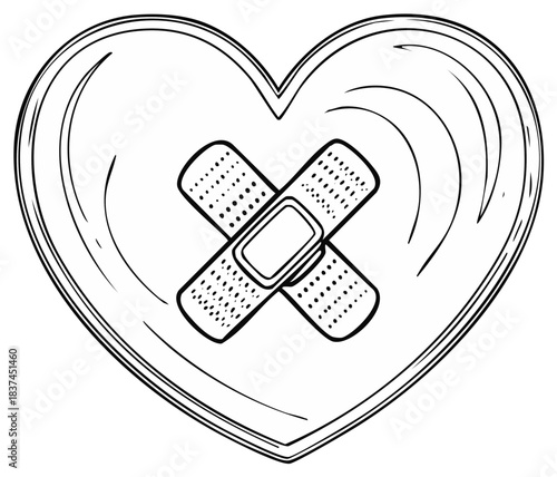 Heart with Crossed Band-Aids Line Art Illustration Symbolizing Healing Love and Emotional Recovery