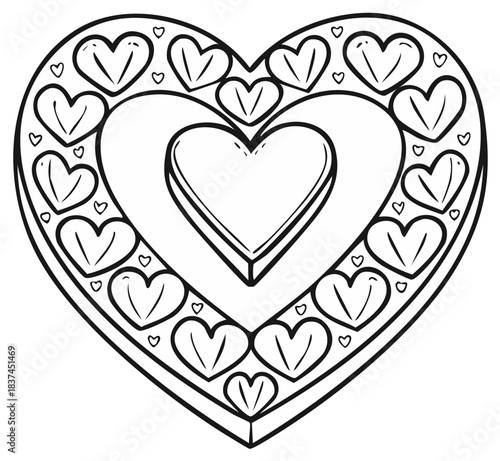 Decorative heart outline with layered inner heart and pattern of small surrounding hearts