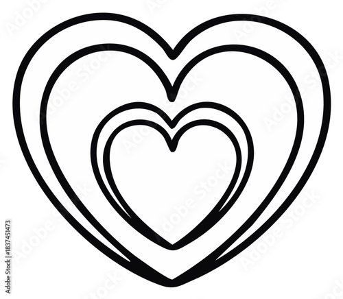 Black and white outline drawing of nested concentric hearts, a simple romantic symbol of love and affection