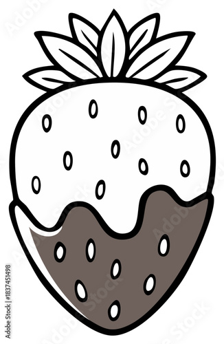 Simple vector illustration of a strawberry dipped in chocolate. A minimalist line art icon of a sweet gourmet dessert treat.
