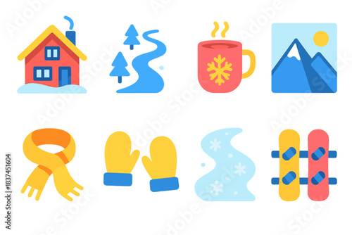 Winter Resort Icons. Frosty Resort Bliss modern flat vector icons: chalet, ski trail, snowboard rack, hot cocoa cup, mountain view, scarf, mittens, snow path