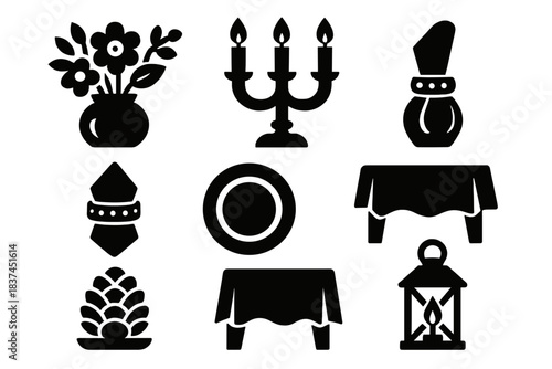 Bold Table Icons. Table Centerpieces silhouette set: floral arrangement, candle holder, napkin ring, dinner plate, glass vase, pinecone decor, tablecloth, small lantern