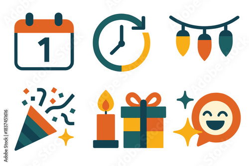 Joyful Celebration Icons. Joyful Anticipation in geometric flat style: calendar with date, clock arrow, wrapped gift, light string, confetti popper, candle flame, glitter star,