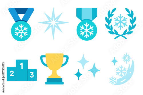 Arctic Awards Icons. Arctic Honor modern flat vector icons: medals with snow patterns, starburst, icy ribbon, frost wreath, podium stand, trophy, sparkles, snow trail