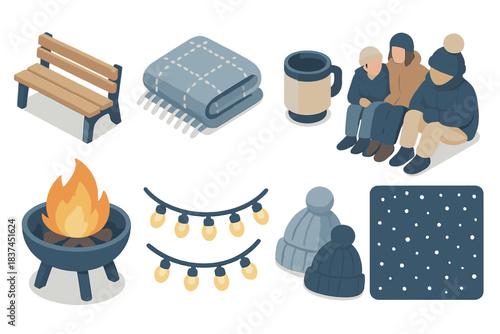 Cozy Winter Icons. Frosty Gathering flat icons: park bench, blanket, thermos cup, group of friends, wool hats, fire pit, fairy lights, night snow