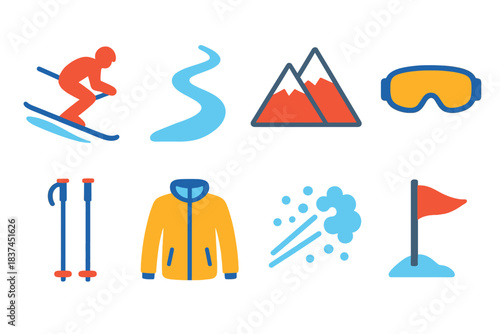 Alpine Adventure Icons. Alpine Speed Ride modern flat vector icons: skier silhouette, snow trail, mountain slope, goggles, poles, jacket, snow spray, flag marke