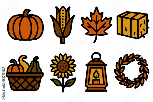 Autumn Harvest Icons. Autumn Pumpkins silhouette set: pumpkin, corn stalk, maple leaf, hay bale, basket of gourds, sunflower, cozy lantern, fall wreath