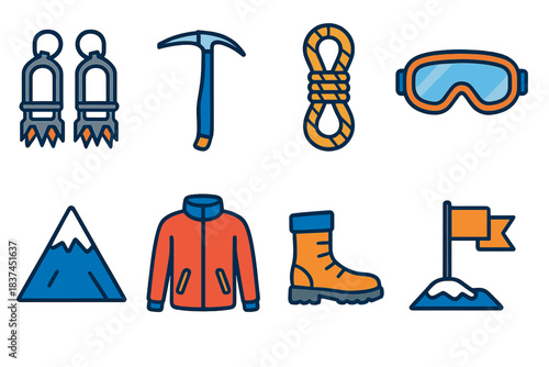 Frozen Climbing Gear Icons. Frozen Peak Challenge modern flat vector icons: crampons, ice pick, climbing rope, goggles, snow-capped peak, jacket, boots, victory flag