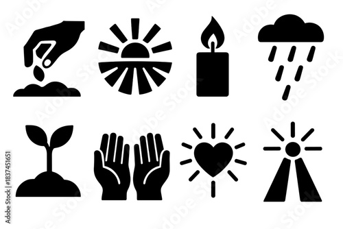 Brutalist New Beginnings Icons. New Beginnings silhouette set: seed planting, sunbeam, candle flame, soft rain, tree growth, open palms, glowing heart, path of light