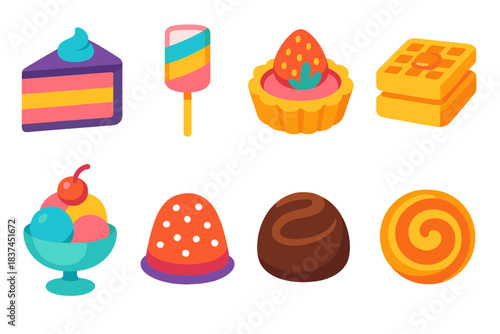 Sugary Delight Icons. Sugary Dreamland modern flat vector icons: layered cake, marshmallow pop, strawberry tart, waffle stack, ice cream sundae, jelly candy, chocolate truffle,
