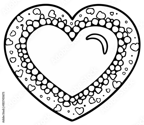 Decorative heart outline with dotted inner border and scattered small hearts line art for coloring page or design