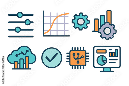 Model Optimization Icons. Model Optimization modern flat vector icons: hyperparameter sliders, accuracy curve, tuning gear, data chart, cloud analytics, validation check, algorithm