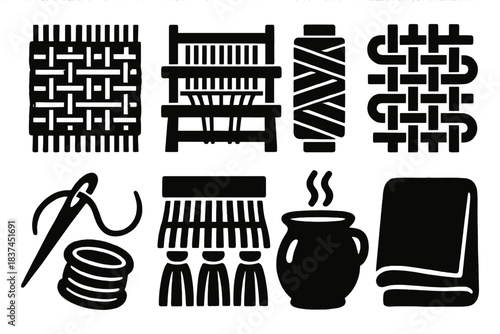 Brutalist Textile Icons. Artisan Textiles silhouette set: handwoven fabric, loom, thread spool, fabric pattern, stitch needle, tassel edge, dye pot, folded cloth