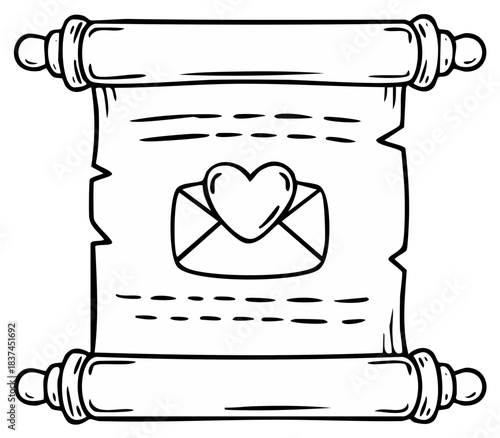 Vintage scroll with heart shaped envelope and dashed lines for text