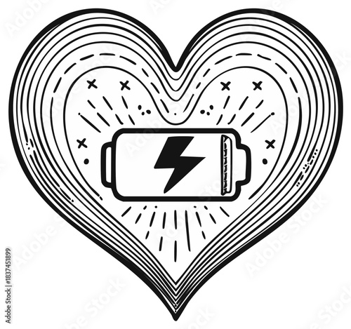 Stylized heart shape enclosing a fully powered battery icon with radiating energy lines and vitality